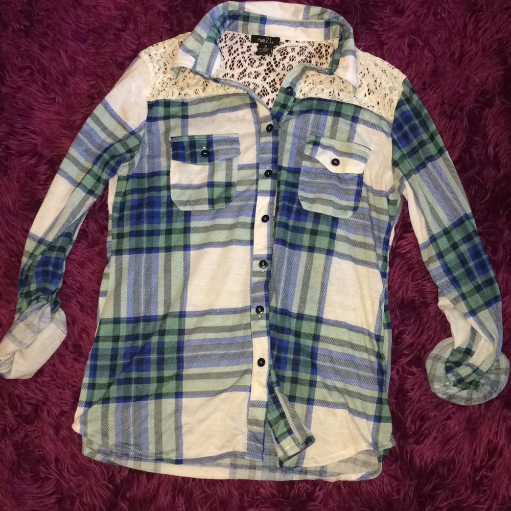 Blue Plaid White Lace Shoulder Button Up Blouse